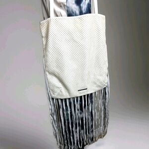 BCBGeneration Leather Boho Bohemein Off White Grey Tassle Large Shoulder Purse